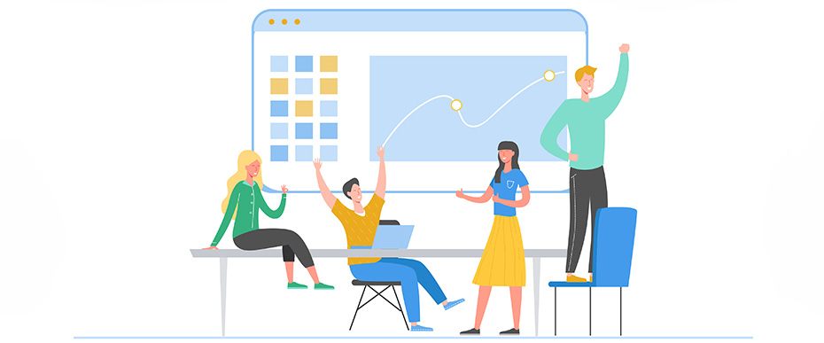 A work team celebrating online growth and success.