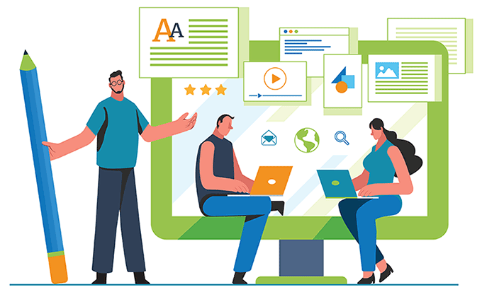 A work team collaborating on writing web copy, optimizing images and video for a site.